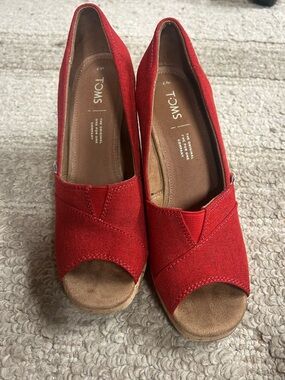 Toms Red Canvas Peep-Toe Wedge Heels